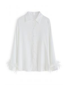 Feather Trim Cuffs Satin Shirt in White