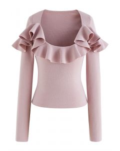Sassy Wide Ruffled Neckline Knit Top in Dusty Pink