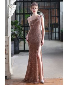 Evening Elegance Sequin One Shoulder Slit Gown in Gold