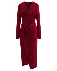 Glittery Velvet Wrap Midi Dress in Burgundy
