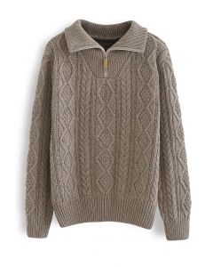 Zipper High Neck Mix-Color Knit Sweater in Brown