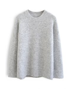 Solid Color Comfy Fuzzy Knit Sweater in Grey