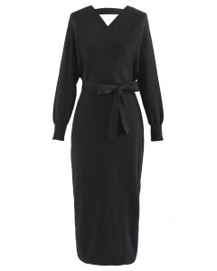 Batwing Sleeve Wrapped Midi Knit Dress in Black