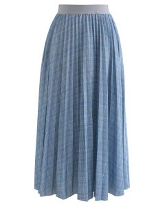 Blue Check Print Pleated Midi Skirt