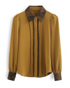 Lace and Sequin Embellished Button Down Shirt in Caramel