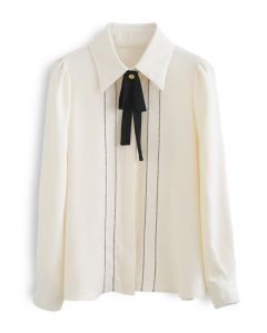 Bowknot Necklace Stitched Shirt in Ivory