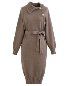 Buttoned Side Flap Collar Knit Midi Dress in Taupe