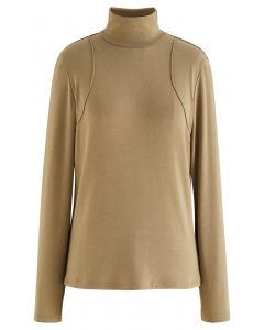 Embossed Seam Detail High Neck Knit Top in Camel