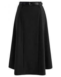 Solid Color Belted Flare Midi Skirt in Black