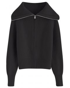 Flap Collar Zipper Ribbed Knit Cardigan in Black