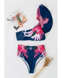 Pinky Floral Ruffle One-Shoulder Bikini Set in Navy