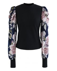Floral Bubble Sleeve Spliced Fitted Top in Black