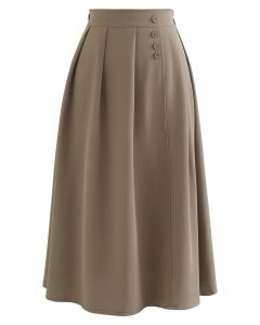 Four Buttons Decorated Pleated Skirt in Khaki