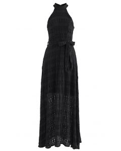 Embroidered Hollow Out Halter Neck Maxi Dress in Black
