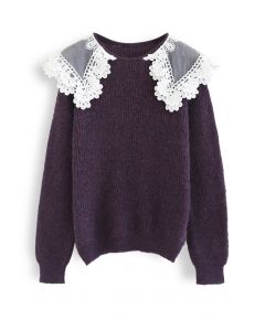 Lacy Doll Collar Fuzzy Knit Sweater in Purple