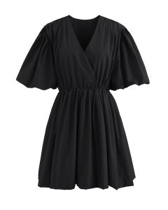 V-Neck Bubble Sleeves Cotton Dress in Black