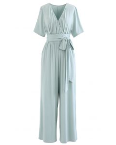 Short-Sleeve Belted Wide-Leg Cotton Jumpsuit in Pea Green