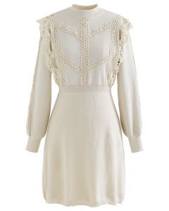 Lace Trims Ribbed Skater Knit Dress in Cream