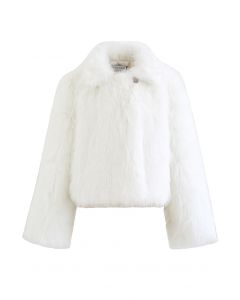 Fluffy Faux Fur Collared Crop Coat in White