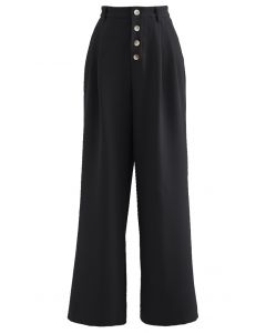 Buttons Closure Straight-Leg Pants in Black