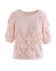 Pom-Pom Triangle Fuzzy Knit Top in Pink