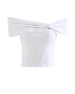 Side Knot Off-Shoulder Fitted Top in White