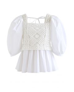 Crochet Spliced Bubble Sleeve Dolly Top in White
