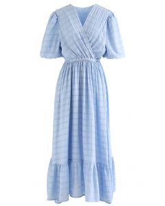 Check Pattern Belted Wrap Dress in Blue