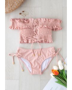 Lace-Up Ruffle Off-Shoulder Bikini Set in Pink