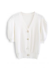 Jewelry Button Short Sleeves Crop Knit Cardigan in White