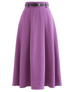 Classic Pleated Belted Flare Midi Skirt in Purple