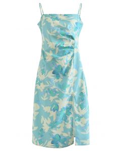 Leaf Watercolor Side Pleated Split Cami Dress