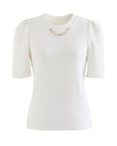 Short Sleeve Necklace Trimmed Top in White