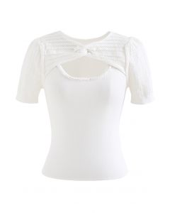 Twist Neck Hollow Out Knit Spliced Top in White
