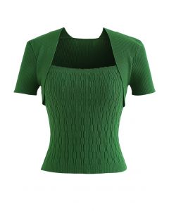 Square Neck Contrast Ribbed Knit Top in Green