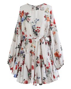 Fascinating Floral Bubble Sleeves Frilling Dress