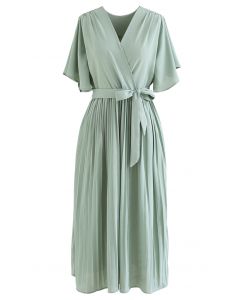 Faux Wrap Tie Waist Pleated Midi Dress in Pea Green