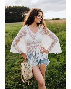 Geometric Embroidered Tassel Drawstring Cover Up