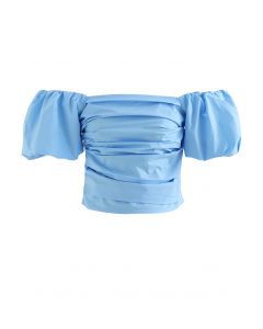 Puff Sleeve Off-Shoulder Cotton Crop Top in Blue