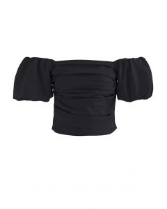 Puff Sleeve Off-Shoulder Cotton Crop Top in Black