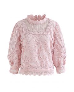Crochet Blossom Puff Sleeve Top in Pink