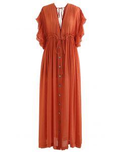Ruffle Sleeves Deep V-Neck Cover Up in Rust Red