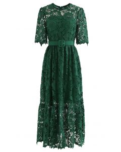Princess Chic Floral Crochet Belted Dress in Green