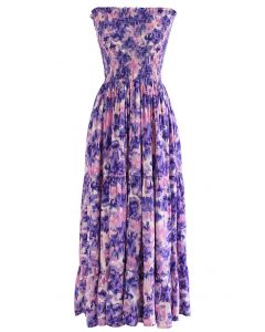 Oil Painting Shirring Strapless Dress in Purple