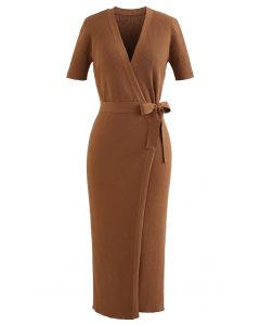 Self-Tie Bowknot Bodycon Knit Wrap Dress in Rust Red