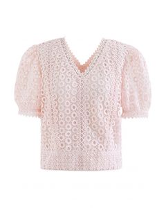 Bubble Full Crochet V-Neck Crop Top in Pink