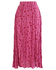 Rose Bouquet Print Ruched Slit Skirt in Hot Pink