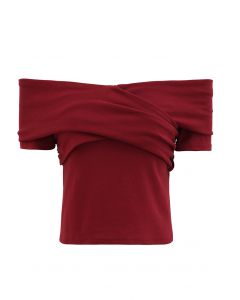 Trendy Cross Off-Shoulder Short Sleeve Top in Burgundy