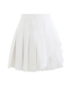 Mesh Inserted Pleated Mini Skirt in White