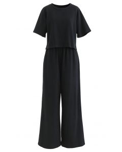 Leisure T-Shirt and Wide-Leg Pants Set in Black